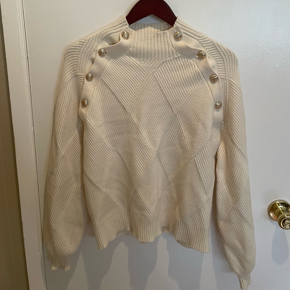 Maje Marna Ecru Knit Sweater Jacquard-Embellished Button Size 1 US Small NWOT